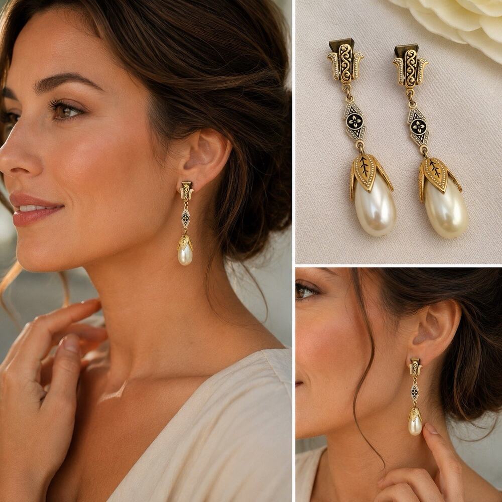 Vintage Spanish Damascene Faux Pearl Dangle Earrings Toledo Spain Romantic
